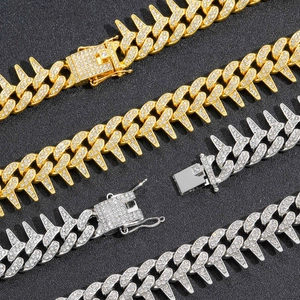 Chaîne cubaine à pointes de 20 mm avec strass en or et argent pour style hip hop