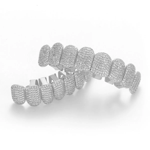 Silver hip hop grillz set with micro pave stones and shiny cubic zirconia plating