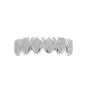 Detail of hip hop silver grillz with micro-pave cubic zirconia in diamond shape
