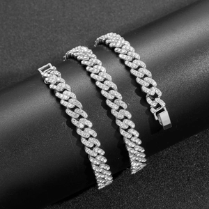 Macro shot of 9mm silver hip hop Cuban link bracelet with sparkling cubic zirconia diamonds