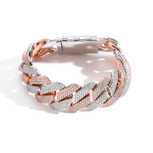 Hip hop two-tone rose gold and silver cuban chain bracelet with triple row cubic zirconia