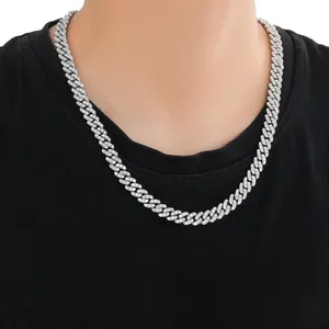 Close-up of 9mm iced out silver Cuban link necklace with sparkling zircon stones