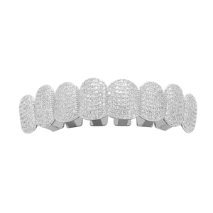 Macro detail of silver plated hip hop grillz with eight rows of shimmering CZ micro-pave