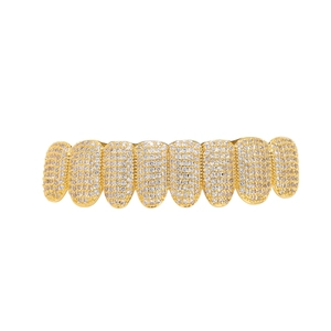 Hip hop style gold grillz for upper teeth with micro-paved white zircon eight-tooth design