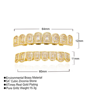 Detail view of gold plated hip hop grillz with 5A cubic zirconia and size dimensions