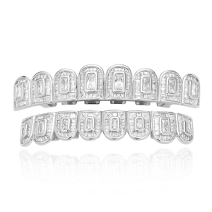 Iced out hip hop grillz set with clear rectangle cubic zirconia in silver tone finish