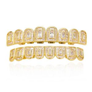 Hip Hop Iced Out Grillz Copper Zirconia Gold Silver Plated Upper Lower Teeth Grillz Party Fashion Body Jewelry For Men Women