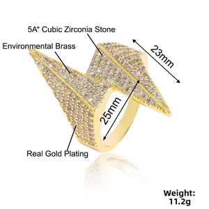 Macro detail of lightning bolt ring featuring 5A+ zircon stones and dimensions info
