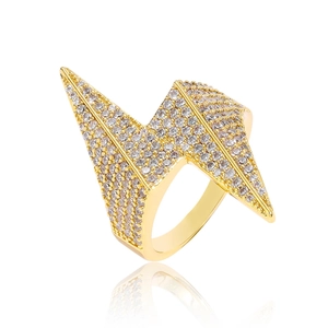 Hip hop style gold lightning ring with pave set cubic zirconia for men and women