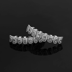 Hip hop silver plated 8-teeth grillz set with sparkling zircon stones for men and women