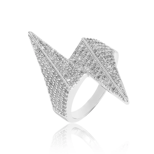 Hip Hop Copper Lightning Bolt Ring With Pave Zirconia Geometric Iced Out Finger Ring For Men Women Trendy Fashion Jewelry