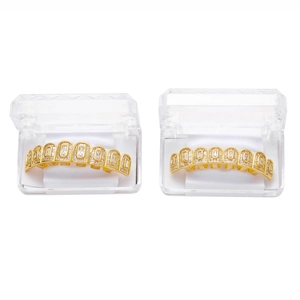 Hip hop grillz set featuring gold plating and rectangle zircon stones in clear cases