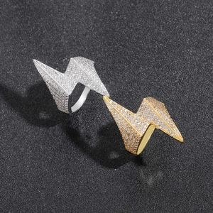Hip hop lightning bolt ring with cubic zirconia micro-pave in silver and gold finish