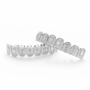 Hip hop silver grillz set for teeth featuring baguette and round cubic zirconia stones