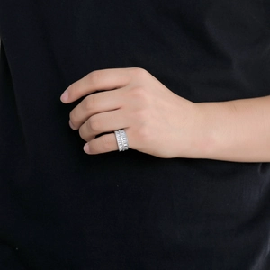 Anello hip hop doppia fila zircone quadrato argento per uomo e donna in stile lusso largo