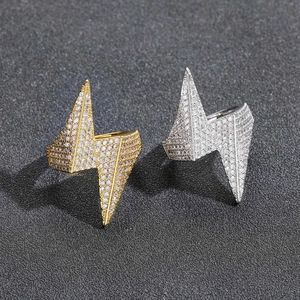 Hip hop lightning bolt open rings in gold and silver finish with pave cubic zirconia