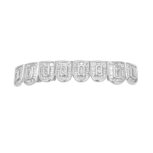 Macro detail of silver hip hop grillz with square zircon stones and micro-pave setting
