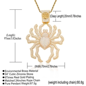 Macro shot of large gold spider pendant with 5A+ cubic zirconia and product dimensions