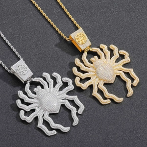 Hip Hop Oversized Spider Pendant Necklace Copper Zirconia Inlaid Jewelry With Stainless Steel Rope Chain For Men Halloween