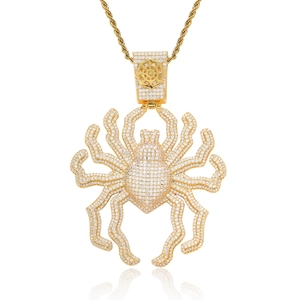 Oversized gold hip hop spider pendant necklace with pavé zircon stones on rope chain