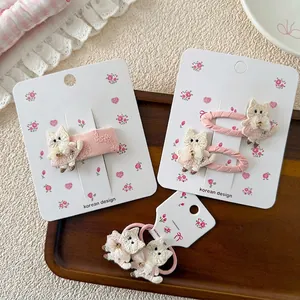 Dulces Pinzas para el Cabello de Tela Rosa con Bordado de Gato para Niñas Horquillas de Encaje Hechas a Mano Lazo Strass Gomas para el Pelo Moda