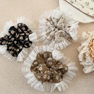 Floral fabric hair scrunchies with lace trim in black cream and brown vintage style
