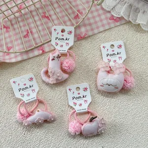 Pink Kids Plush Hair Ties Sweet Fabric Embroidery Cartoon Animal Elastic Scrunchies With Pom Poms Artificial Pearls For Girls Accessories