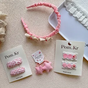 Kids Sweet Pink Plaid Lace Bow Hair Accessories Set Handmade Bowknot Hair Clips Pleated Headband Star Hair Ties Girls