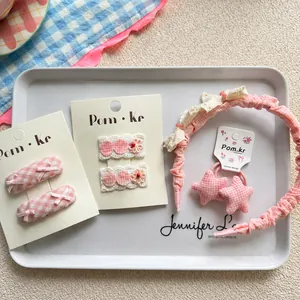 Pink plaid children's headband and hair clip set with sweet lace and rabbit bow details