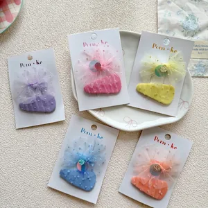 Five-piece set of girls' purple and colorful polka dot mesh bow hair clips on card