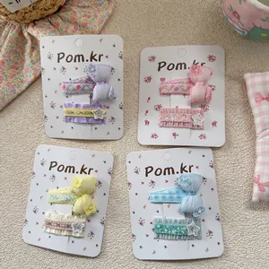 Sweet floral bow and lace hair clips set for girls in four pastel colors on card