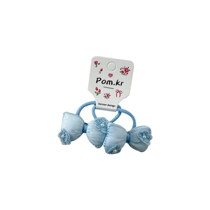 Set of two light blue bow elastic hair ties with embroidered candy charms and small pearls
