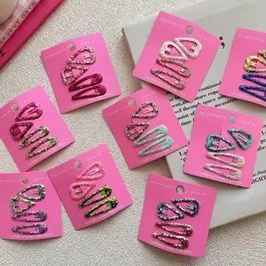 Sparkly glitter heart hair clips for girls, set of colorful BB clips in Korean style