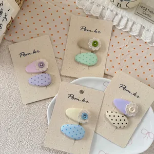 Sweet pink fabric BB hair clips set with polka dots and lace flowers for girls
