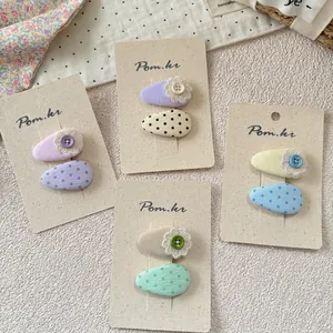 Sweet pink Korean fabric hair clips set with lace flowers and polka dots for girls