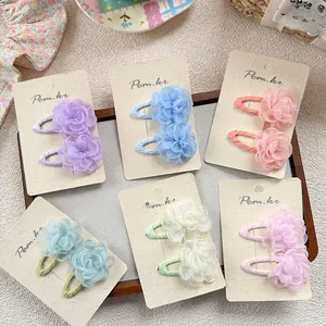 Set of 6 pairs colorful mesh flower hair clips on decorative wooden display tray
