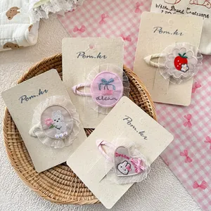 Lace hair clips set with cartoon cherry and rabbit embroidery for kids hair styling