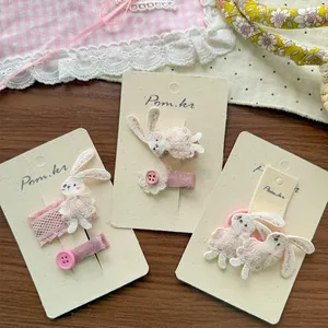 Süße Koreanische Stil Bestickte Kaninchen Schleife Blume Haarspangen Haargummis Kombination Spitze Stoff Haarnadeln Für Kinder Mädchen