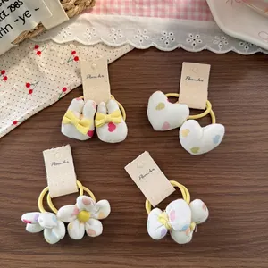 Sweet Korean style heart and floral fabric hair ties set for girls with soft yellow elastic bands