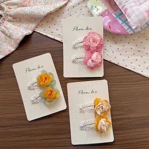 3D Chiffon Flower Hair Clips Lace Trim Artificial Pearl Accent Sweet Korean Style Floral Bangs Side Clip Hairpins For Women Jewelry