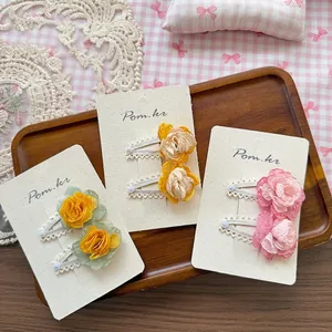 Set of 6 sweet floral chiffon hair clips with lace fabric petals and pearl accents