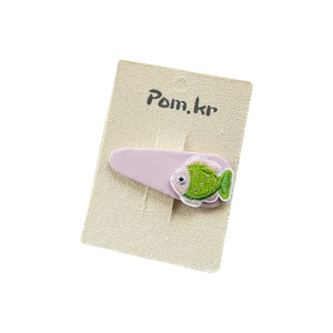 Cute pink hair clip with green fish embroidery for girls on a beige display card