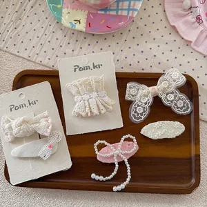 Haarspangen-Set mit Spitzenschleifen und Perlen im koreanischen Vintage-Stil für Mädchen