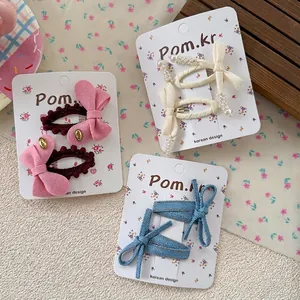 Korean style blue denim and bow hair clip set for girls with pearls and floral details