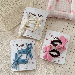 Set of 3 Korean style denim bow and pearl hair clips for girls on display cards