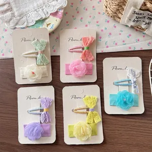 Kids Sweet Cute Lace Fabric Bowknot Flower Hair Clips For Girls Handmade Chiffon Floral Hairpins Daily Party Headwear