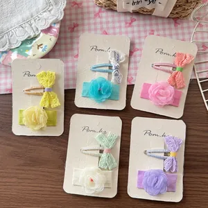 Handmade lace bow and flower hair clips set in five pastel colors for girls