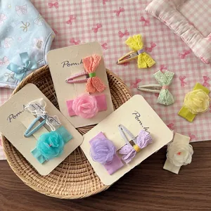 Sweet lace bow and flower hair clip set for girls in various pastel macaron colors