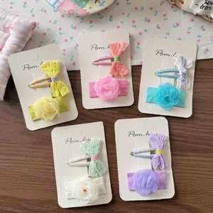 Handmade lace bow hair clips and fabric flower set in five pastel colors for girls