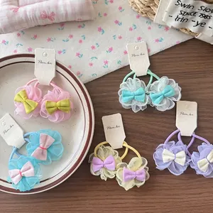5-pair set of girls lace mesh flower and bow hair ties in assorted pastel sweet colors